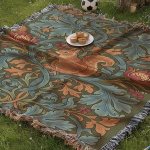 Woven Cotton Blanket, William Morris Style Squirrel Tapestry Throw, Olive Green and Rust Floral Bedding, Arts and Crafts Movement Home Decor