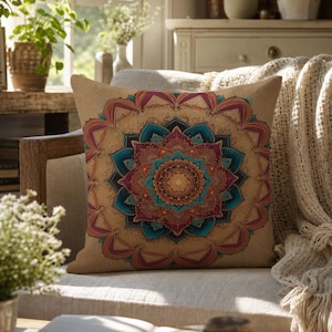 Brown Teal Mandala Throw Pillow Cover, Boho Couch Cushion Slip, Rustic Ethnic Living Room Accent, Spiritual Square Pillowcase