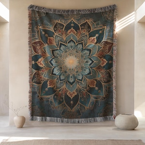 Teal Mandala Woven Blanket, Navy Blue Cotton Throw, Copper Sacred Geometry Decor, Large Boho Bedspread, Celestial Tapestry, 50x60 Couch Wrap