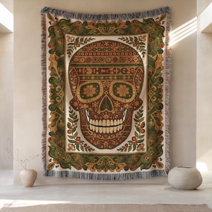Gewebte Zuckerschädel-Dekor, olivgrüner Baumwollüberwurf, gotischer Blumentapisserie, Dia De Los Muertos Bettwäsche, Boho Makabre Geschenke
