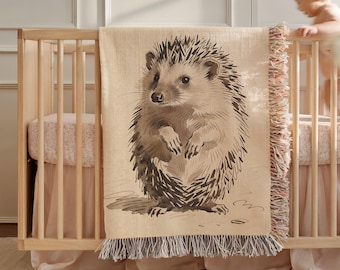 Hedgehog Woven Blanket, Cream Cotton Throw, Woodland Animal Nursery Decor, Vintage Nature Tapestry, Large Neutral Couch Wrap