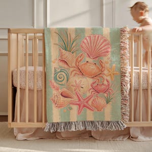 Coral Pink Cotton Woven Blanket, Coastal Crab Throw, Vintage Beach House Decor, Sea Shell Picnic Rug, Nautical Marine Life Couch Coverlet