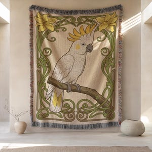 Manta tejida con diseño de cacatúa, manta de aves Art Nouveau, tapiz de algodón dorado y verde, adorno botánico para pared, regalo de animales exóticos, 50x60 cm, suave y envolvente.