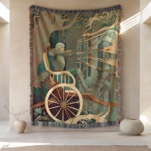 May include: Woven tapestry featuring an archer in a chariot, set in a forest scene. The artwork uses muted greens, browns, and beige tones. The chariot has a large wooden wheel. The tapestry has a fringed border.