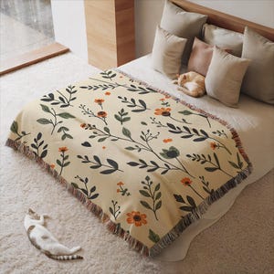 Orange Floral Woven Blanket, Cream Cotton Throw, Sage Green Botanical Tapestry, Rustic Boho Bedding, Cottagecore Gift, Large Couch Coverlet
