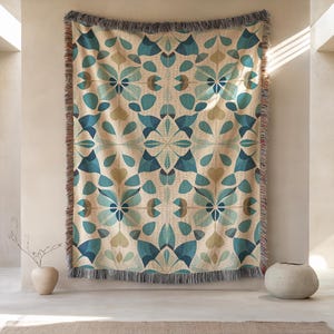 May include: A woven throw blanket with a repeating floral pattern in shades of teal, blue, and tan. The blanket has a fringed edge and is displayed hanging on a wall. The design is symmetrical and geometric, creating a modern aesthetic.