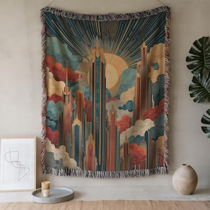 Art Deco Cityscape Woven Blanket, Metropolis Architecture Throw for Velvet Sofas, Celestial Sunburst Wall Hanging Tapestry for Home Offices