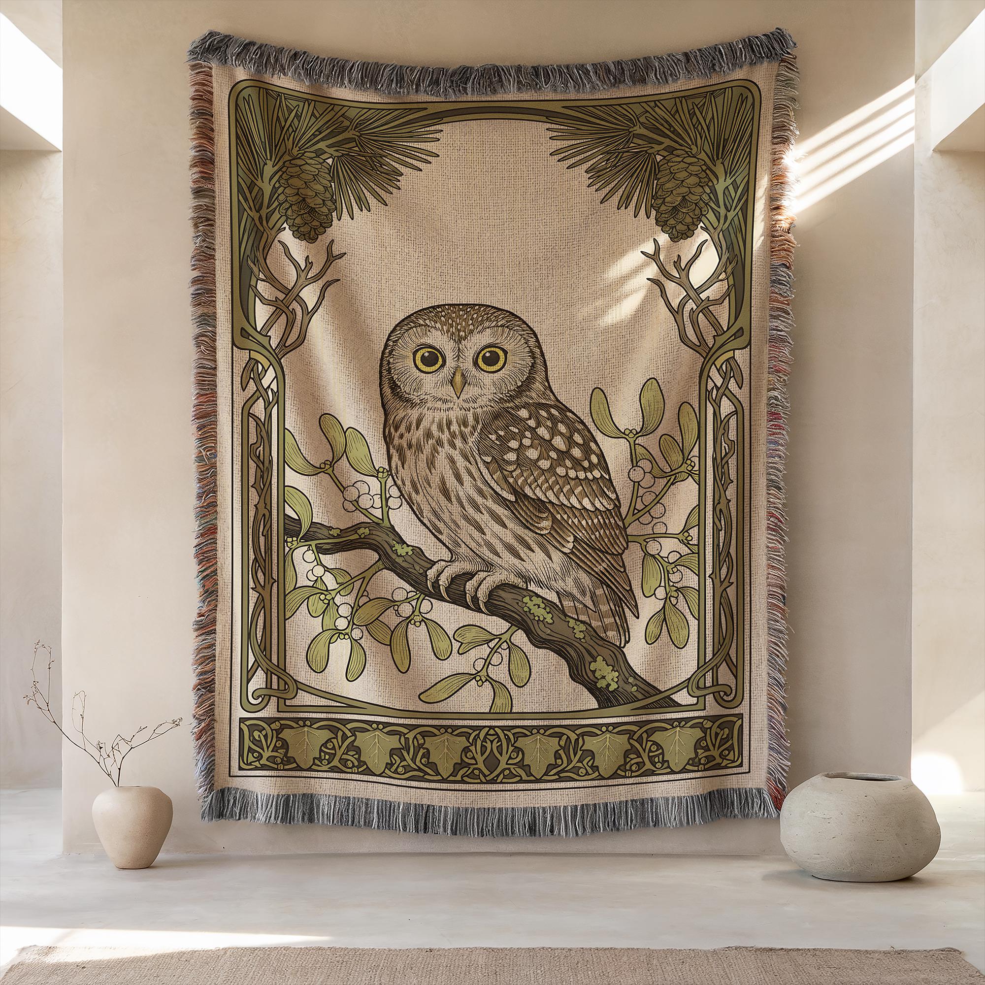 Woven Owl Blanket, Art Nouveau Forest Throw, Earthy Sage Green Cotton Wrap, Mistletoe Pinecone Tapes