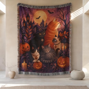 Lila Baumwolldecke, Halloween-Katzen-Überwurf, gruseliger Kürbis-Wandteppich, herbstlicher Sofabezug, süßes Geschenk für Katzenliebhaber mit Hexen-Flair