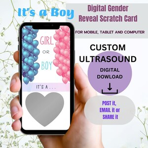 Annuncio di nascita del bambino con ecografia personalizzata, biglietto da grattare digitale, idee per rivelare la gravidanza, testo e-mail, file MP4 per social media