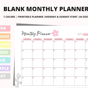 Printable Blank Monthly Planner with Seven Color Options, Sunday/Monday start, A4 Printable PDF Digital Download