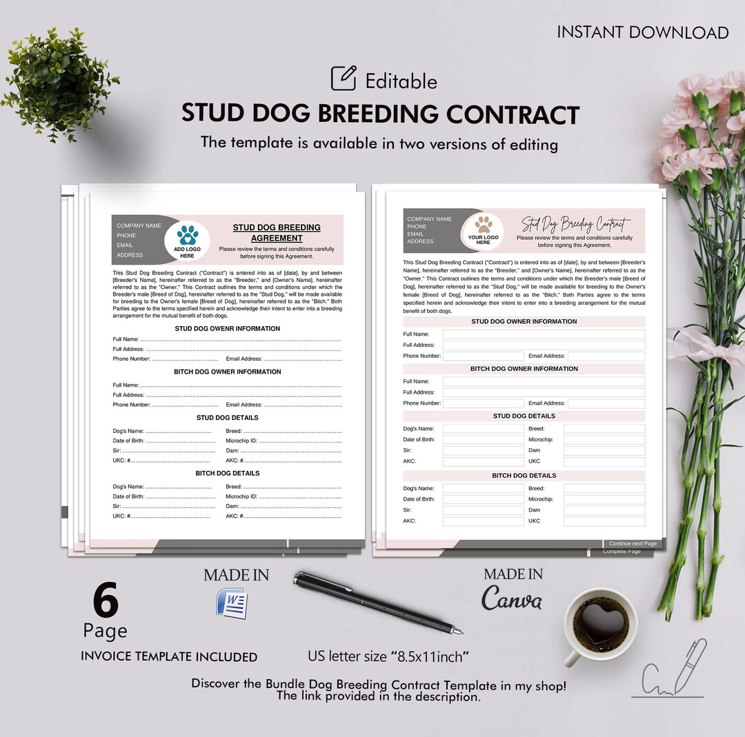 Dog Breeding Stud Dog Contract Agreement, Editable Template, Instant