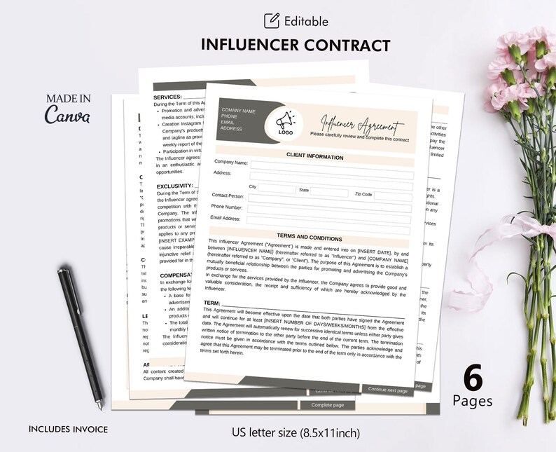 Influencer Agreement Contract Template Social Media Etsy