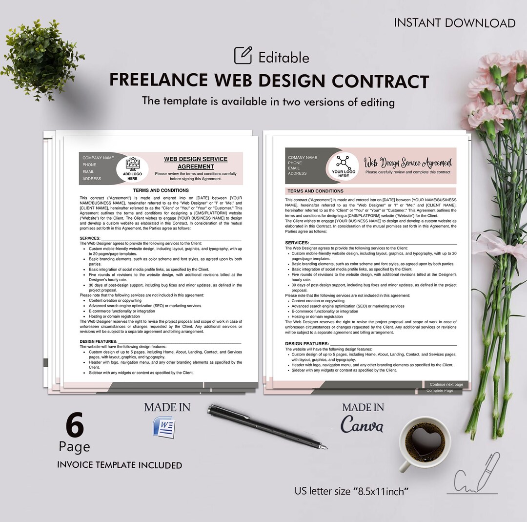 Web Design Contract Example Freelance Web Design Contract Agreement, Custom Website, Editable ...