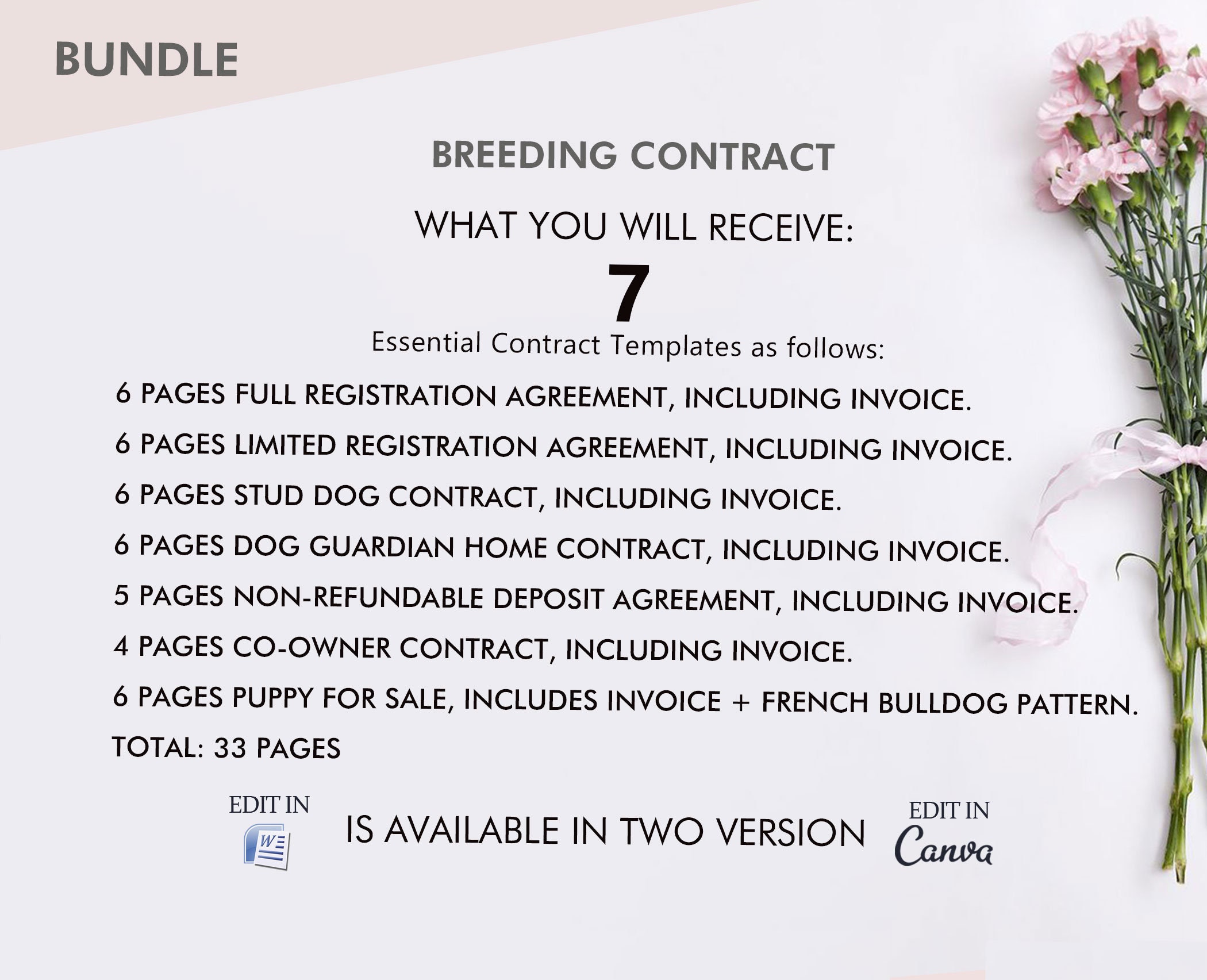 Dog Breeding Contract Bundle Stud Dog, Guardian Home, Nonrefundable