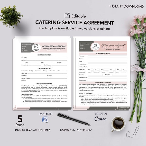 Catering Services Contract Agreement for Business Protection, Editable Template, Instant Download