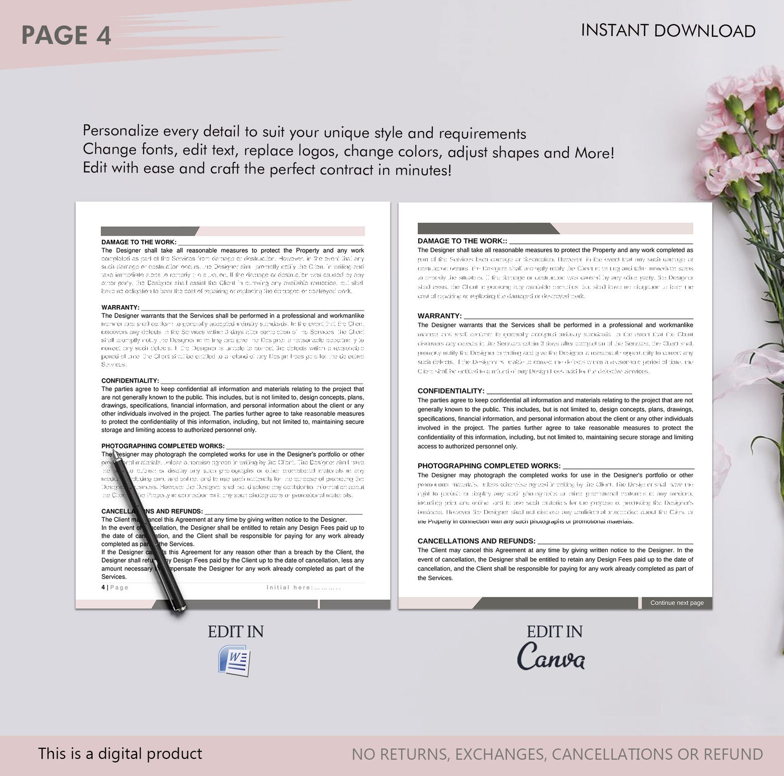 Interior Design Contract Agreement, Design Services Terms, Editable ...