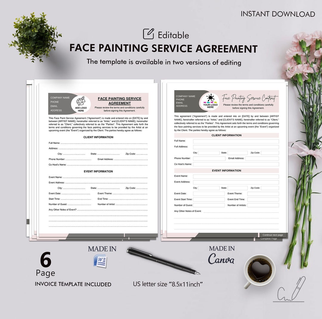 Face Painting Contract, Face Painter Agreement, Editable Template