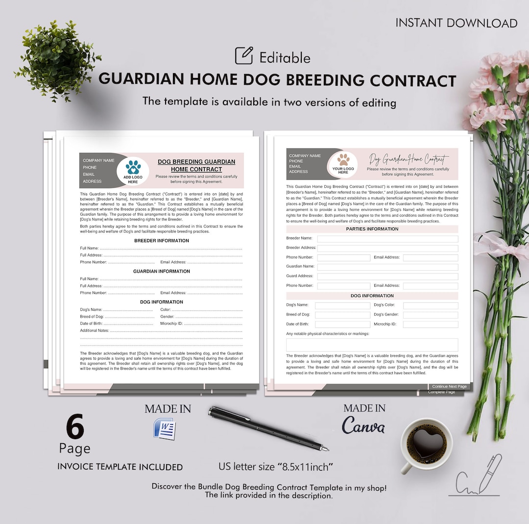 Dog Breeding Guardian Home Contract Agreement, Editable Template