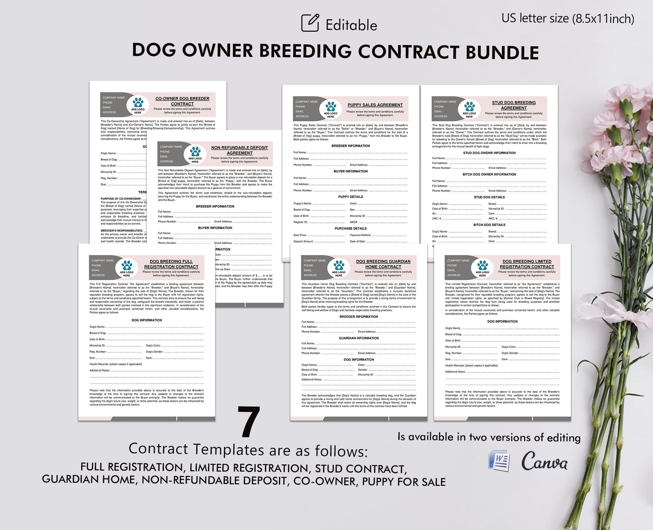 Dog Breeding Contract Bundle Stud Dog, Guardian Home, Nonrefundable