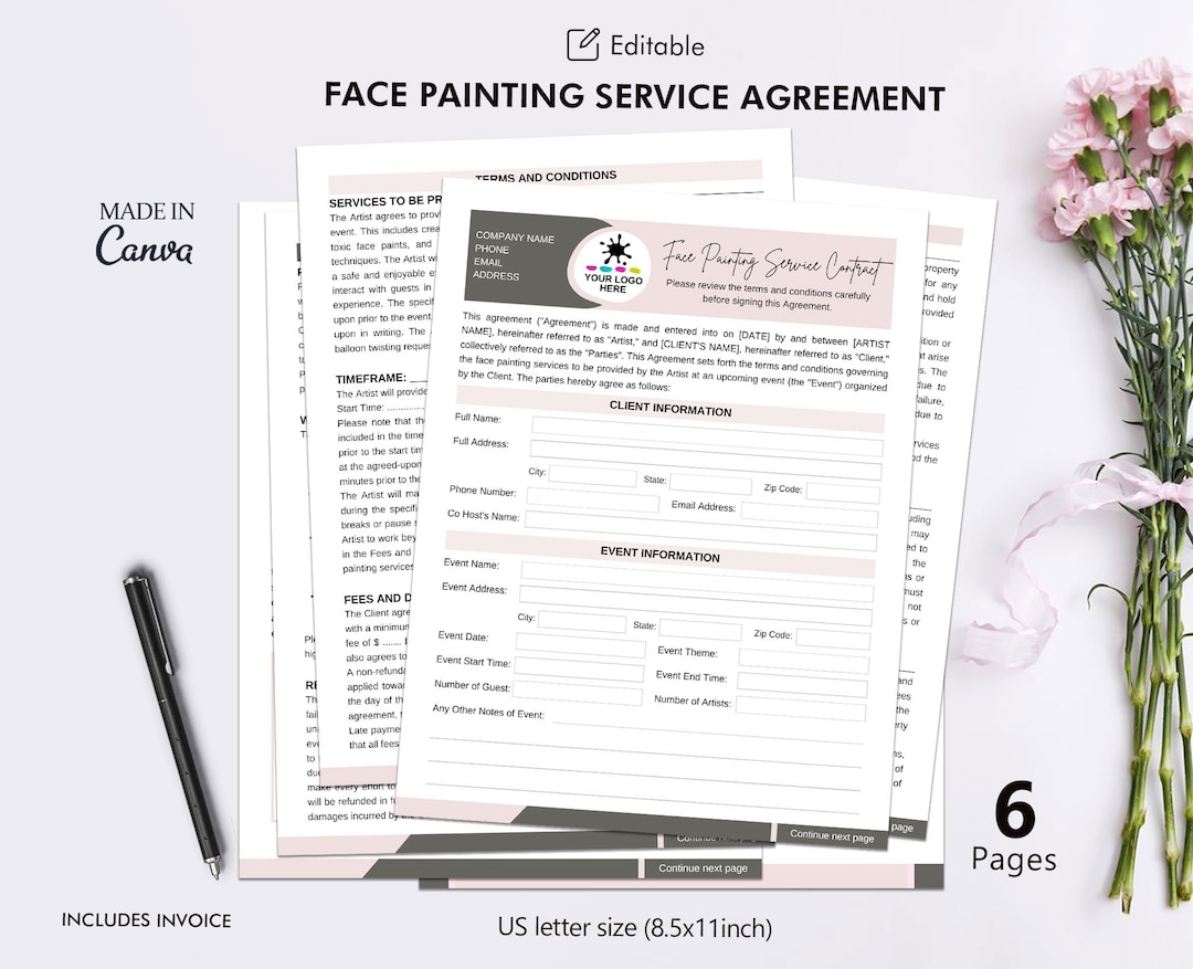 Face Painting Contract Face Painter Agreement Editable Etsy