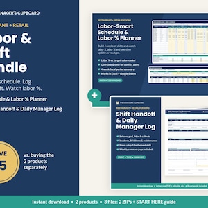 May include: A digital Labor & Shift Bundle for restaurant and retail management. Includes a Labor-Smart Schedule & Labor % Planner and a Shift Handoff & Daily Manager Log. Features include fiscal period summaries, conflict alerts, and Excel compatibility.