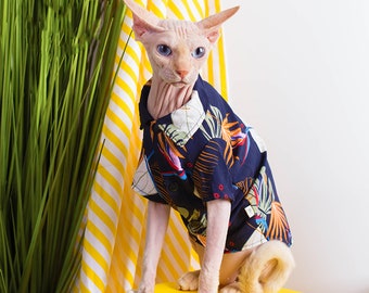 Sphynx Cats Retro Hawaii Plant Pattern Summer Clothes/Summertime Peterbald Devon Rex And Donskoy Clothes/Hairless Cat Shirts/Aloha/Cat Beach