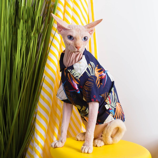 Sphynx Cats Retro Hawaii Plant Pattern Summer Clothes/Summertime Peterbald Devon Rex And Donskoy Clothes/Hairless Cat Shirts/Aloha/Cat Beach