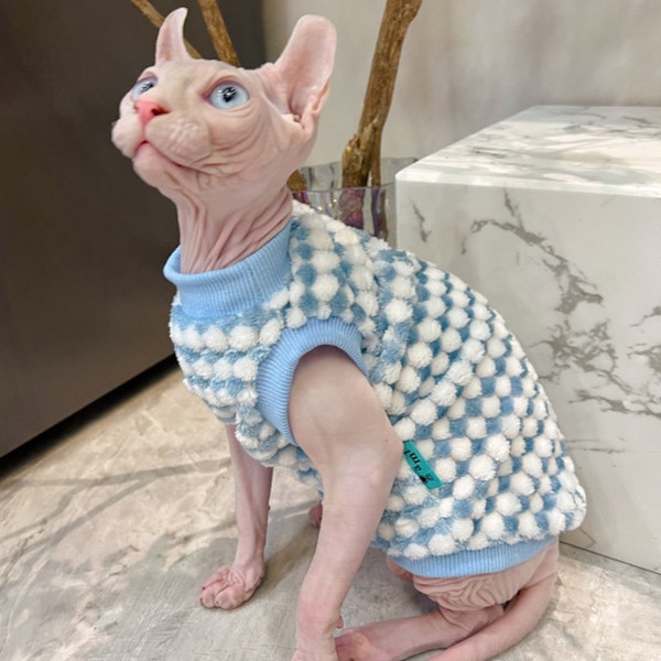 Blue and white polka dot Sphinx clothes/Devon clothes/hairless cat clothes/fleece cat warm cat clothes