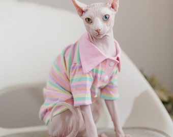 Sphinx Knit Macaroon Color Striped Polo Shirt, Hairless Cat Rainbow Color Clothes, Sphnyx Soft Pink Striped Clothes, Devon Coat, Cat Clothes