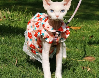 Sphynx Cat Summer Lace Dress,Hairless Cat Red Printing Lightweight Skirt,Sphinx Breathable Summer Dress,Dress For Cats,Cat Flower Clothes