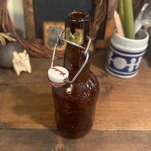 Vintage Grolsch Beer Bottle - Dark Amber Embossed - Glass Swing Top Porcelain Cap - Bar Decor