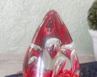 Vintage Art Glass Paperweight - Red Colored Teardrop/Egg Shaped - Controlled Bubble 4" - Office/Shelf-sitter/Modern/Figurine