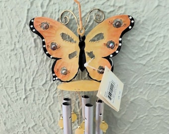 Butterfly Wind Chime - Beaded, Metal, Hand Painted Windchime - Cottage/Boho/Garden/Patio/Porch
