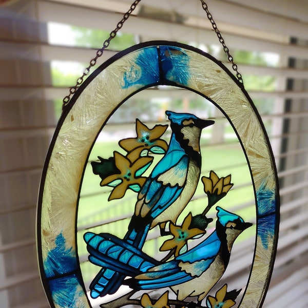 Vintage Oval Stained Blue Jay & Floral Sun Catcher Wall/ Window Hanging - Glass Wall Art - 9x6 - Cottage/Farmhouse/Spring/Patio/Garden