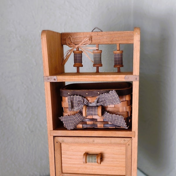 Vintage Wooden Cabinet Box w/ 2 Drawers & Small Basket - Sewing, Craft Storage - Cottage/Primitive/Farmhouse/Craft Room - 13.5" Tall