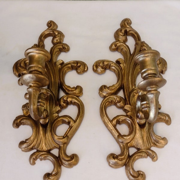 Pair of Vintage Gold Tone Candle Sconces - Homco 1970's - Ornate Plastic Wall Decor Candlestick Holders - Mid Century/Hollywood Regency/Glam