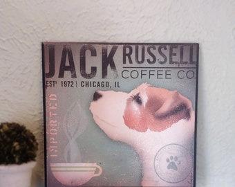 Vintage Jack Russell Coffee Wall Art - Particle Board Plaque Wall Decor - 12" sq - Coffee/ Dog Wall Hanging - Coffee Bar/ Coffee & Dog Lover