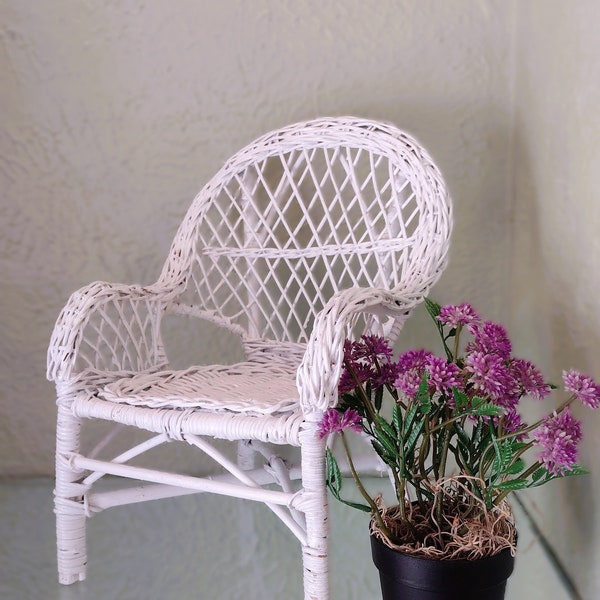 Vintage Miniature White Wicker Doll Chair - Plant Stand/White Woven Rattan Chair 13x9x7 - Garden/ Boho Decor/ American Girl/ Kid's Room