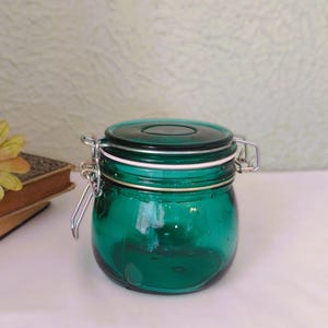 Vintage Green Jar - Wire Bale Hinged Lid/ 4" Glass Canister - Teal/Emerald Color - Apothecary Jar Storage - Mid Century/Farmhouse/Cottage