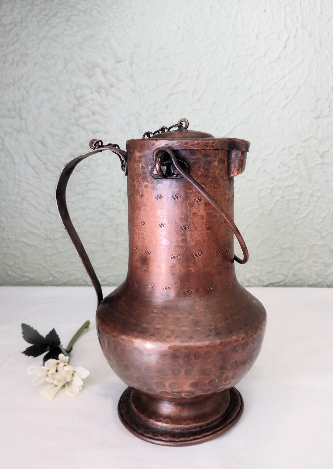 Vintage/ Antique Copper Jug, Water Pitcher, Vessel Lidded Hammered Copper W/ Age & Patina Italy