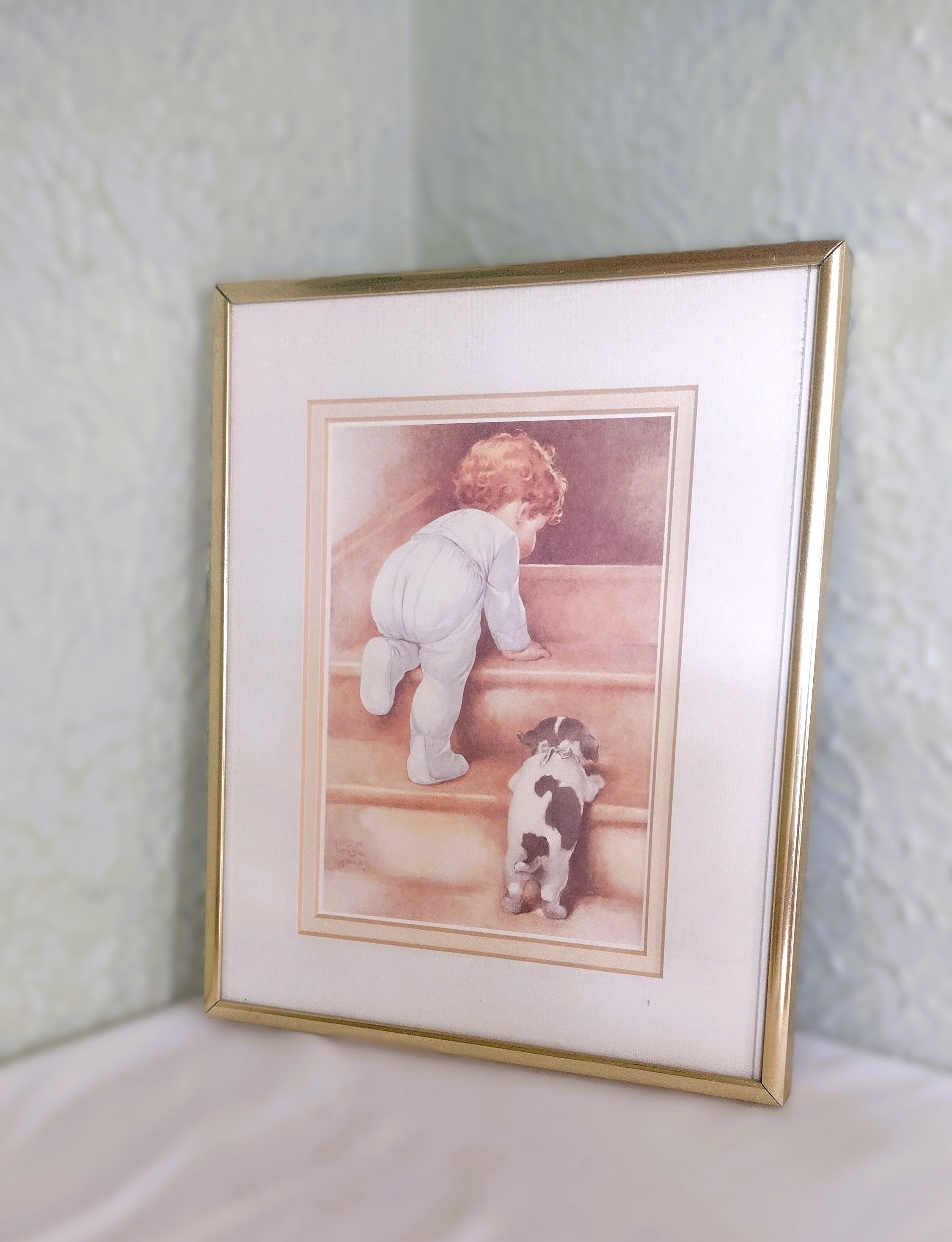 Vintage Bessie Pease Gutmann Wall Art - Baby Boy w/ Puppy Print "Where He Leads" 8x10 Matted in Gold Metal Frame - Baby Nursery/Kid's Room