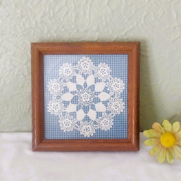 Vintage Wood Framed Doily Lace Crochet Wall Decor - Doily w/ Blue Gingham - 7" Square - Shabby Chic/Cottage Core/Farmhouse/Gallery Wall