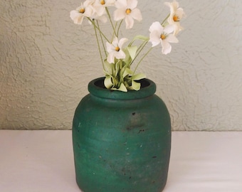 Vintage Green Pottery Crock Jar 7.5"H - Stoneware Canister - Distressed Green Color - Primitive/Rustic/Farmhouse/Cottage