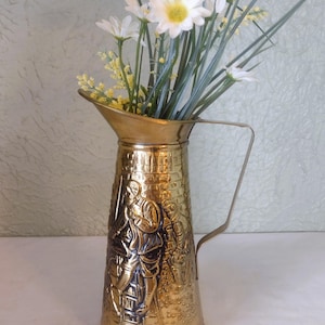 Vintage Brass Pitcher/ Flower Vase - Embossed English Pub Scene - 8&quot;H Vessel - Cottage/ Farmhouse/ Old World/ Primitive/ Colonial