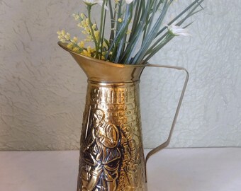 Vintage Brass Pitcher/ Flower Vase - Embossed English Pub Scene - 8&quot;H Vessel - Cottage/ Farmhouse/ Old World/ Primitive/ Colonial