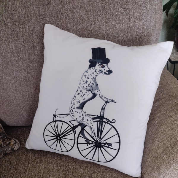 Dalmatian Dog on a Bike Throw Pillow - 18" Square Cushion - Removable Cover - Fun, Whimsical