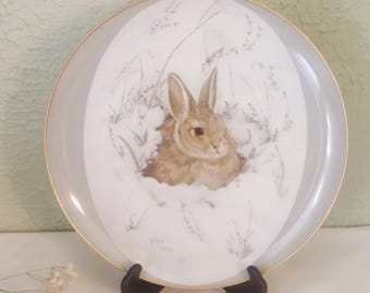 Vintage Betty Allison "Winter's Peace" Decorative Rabbit Plate 10" - Limited Edition Round Porcelain Bunny Plate - Woodland Rabbit Art