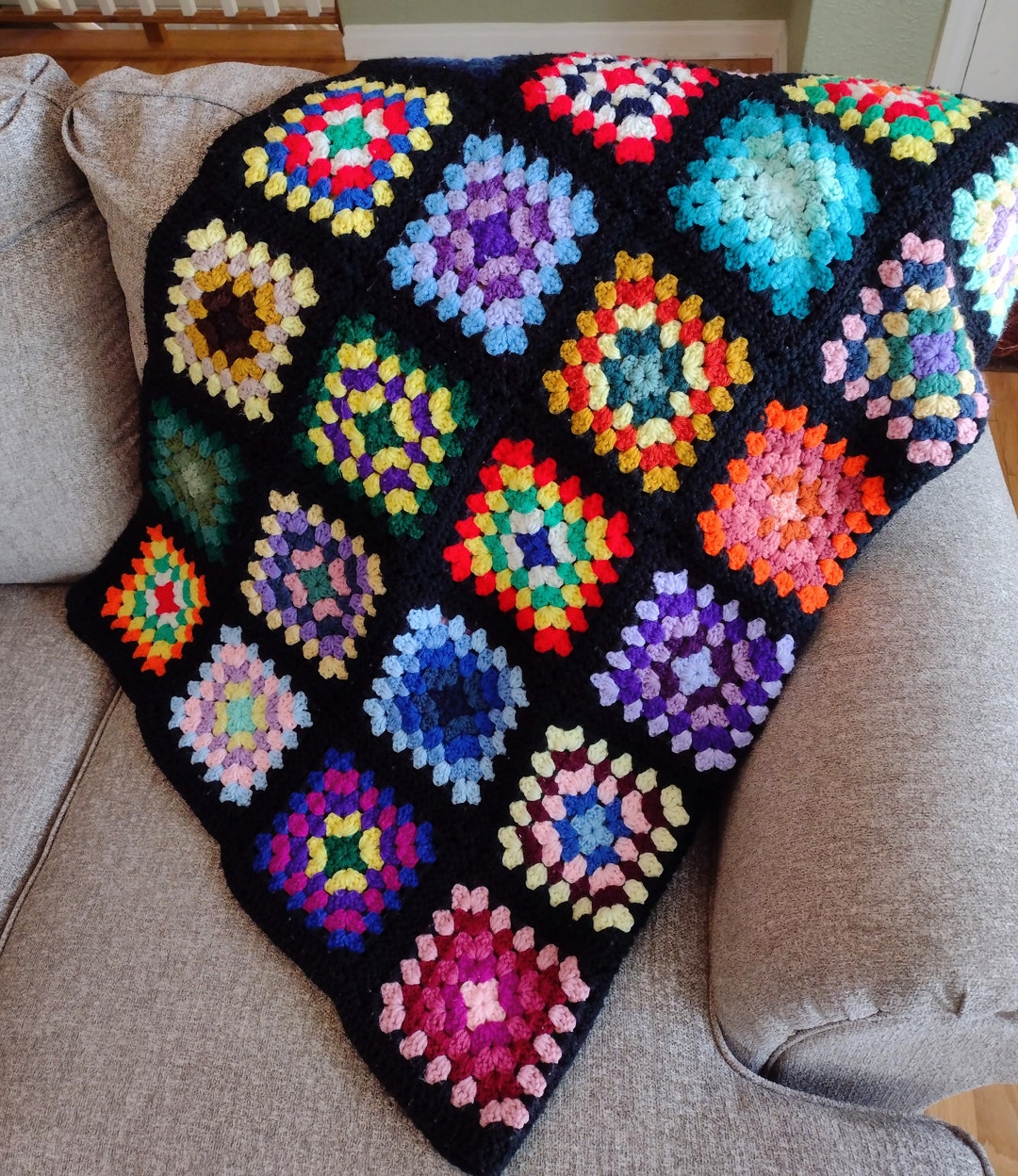 Vintage Afghan Blanket Handmade Granny Patch Black Afghan Etsy