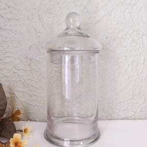 May include: A clear glass apothecary jar with a lid. The jar has a rounded base and a cylindrical body. The lid is topped with a small, round knob. The background is a textured, off-white surface.